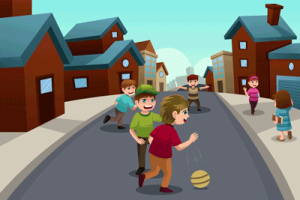 children playing in a safe street in a safe neighborhood.